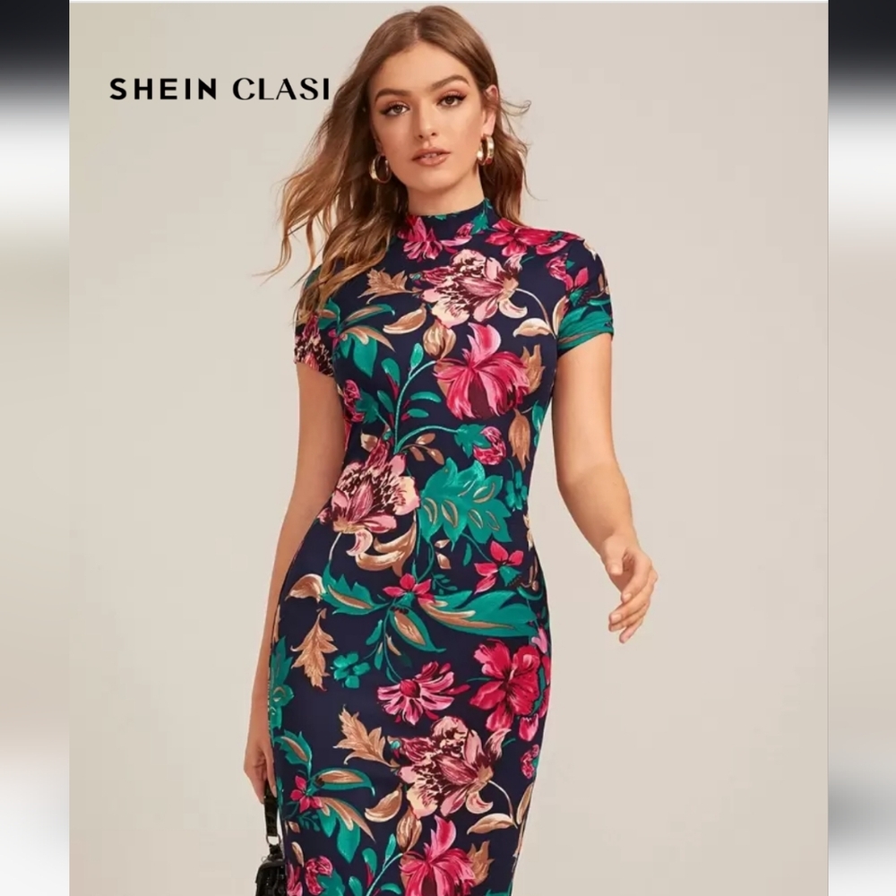 SHEIN Floral Midi Dress - Pink and Green